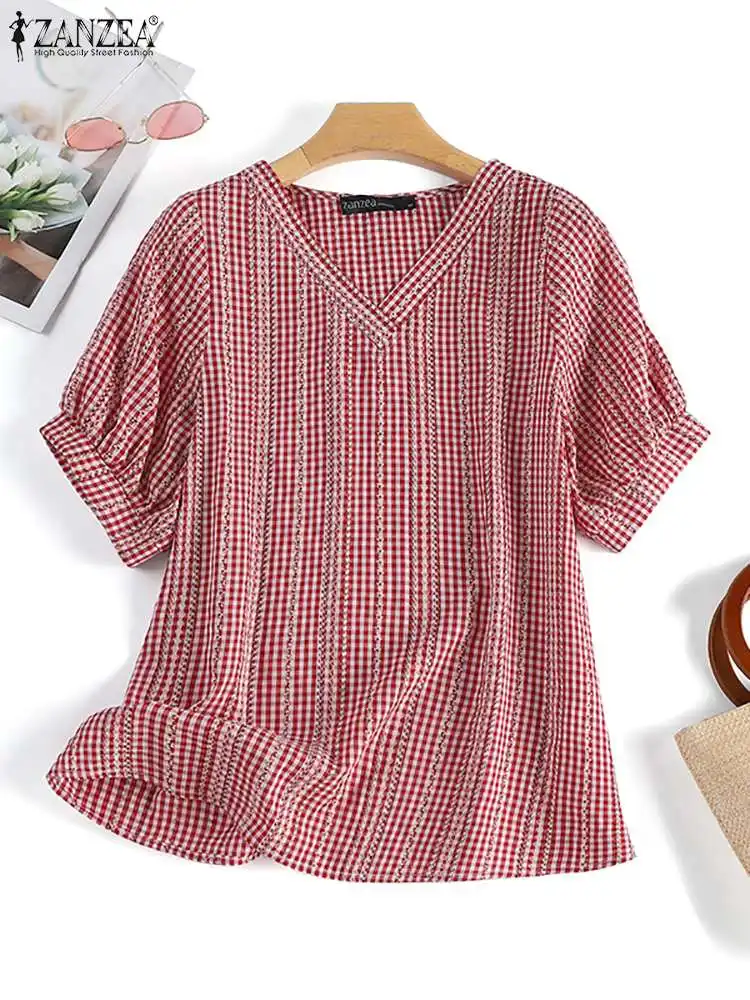 2024 ZANZEA Korean Fashion Summer Women V Neck Short Sleeve Blouse Casual Bohemian Holiday Shirt Party Blusas Plaid Checked Tops