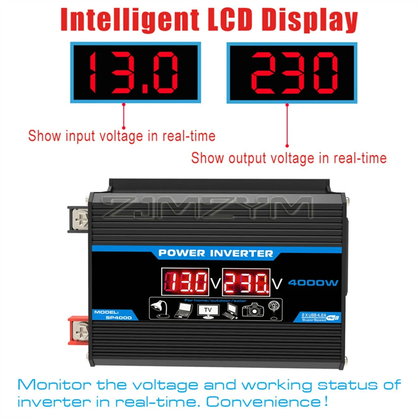 قوة السيارة نقية شرط لموجة العاكس تيار مستمر 12 فولت إلى التيار المتناوب 220/110 فولت الذروة 4000 واط سيارة شرط لموجة محول المزدوج USB تحويل مع شاشة LED