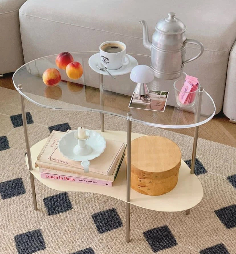 Contrast transparent coffee table, irregular geometric shape, double glazing edge, several shelves