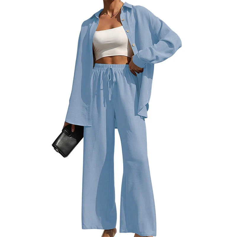 Dames effen overhemd met knoopsluiting aan de voorkant en broek met wijde pijpen, tweedelige set, casual blouse met verlaagde schouder en lange mouwen, top en broek
