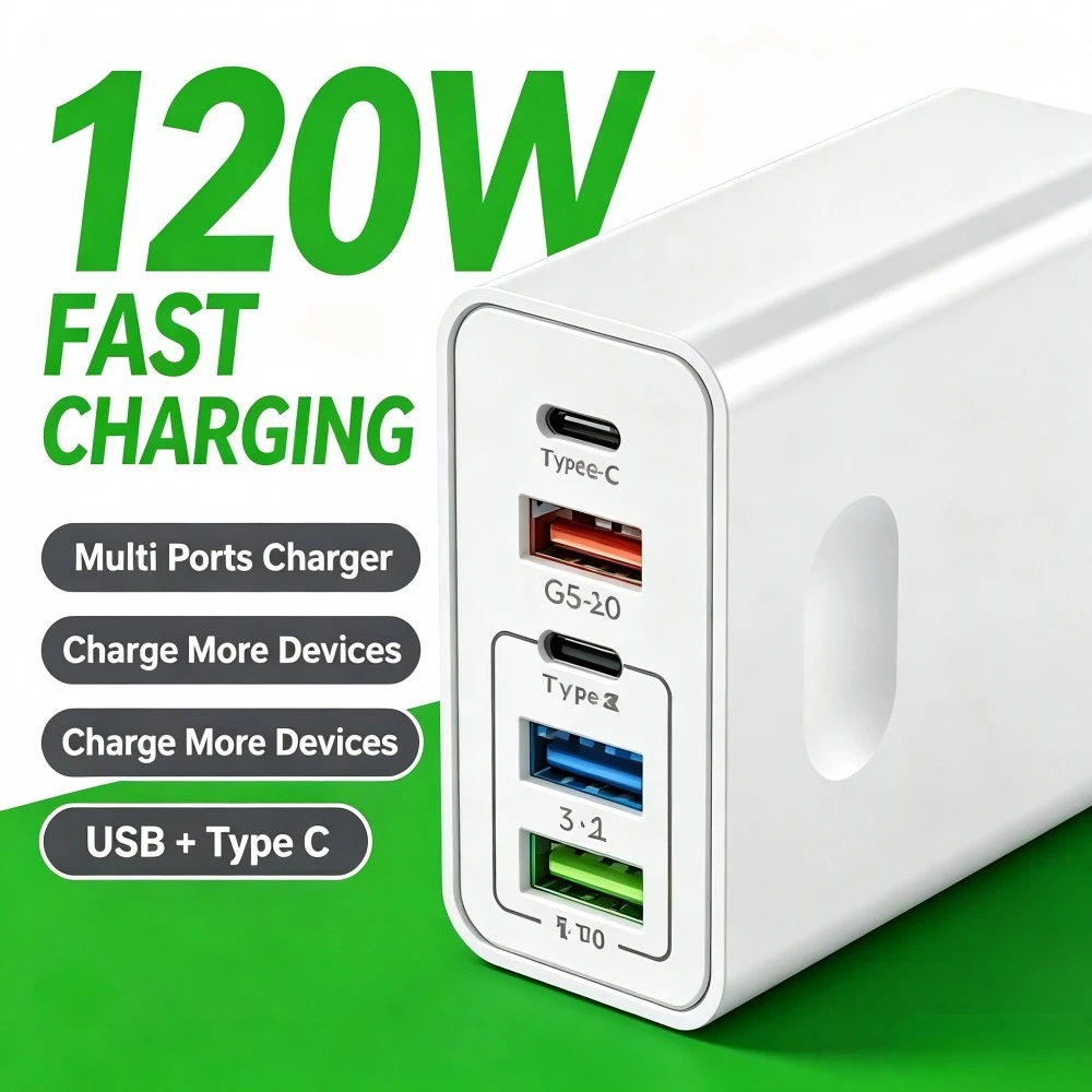 120W Multi Ports Mobile Phone Charger QC3.0 USB-C Wall Power Adapter EU/US/UK Plug For iPhone Samsung Xiaomi Type Charger Socket
