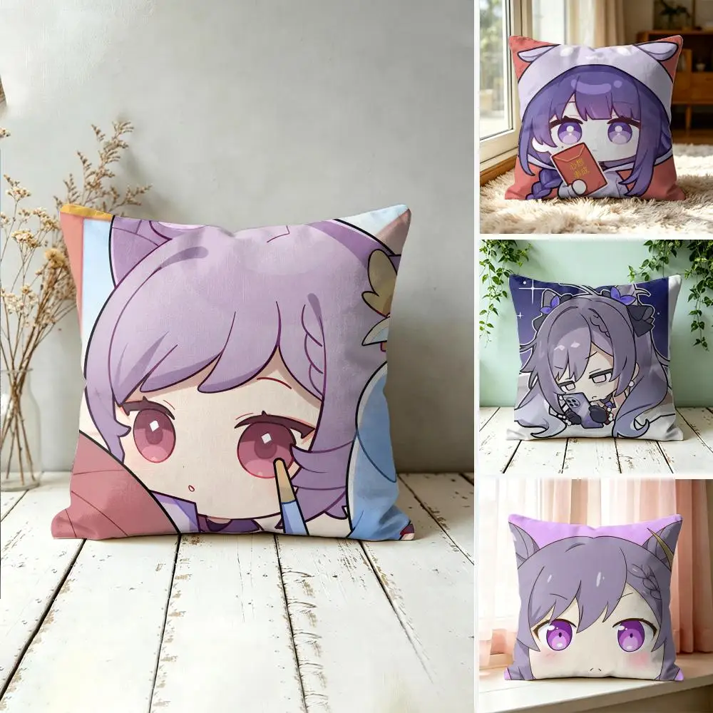 Keqing Cute Genshin Impact Cushion Cover Square Short Plush Pillow Case Living Room Sofa Home Decor Funda 40X40