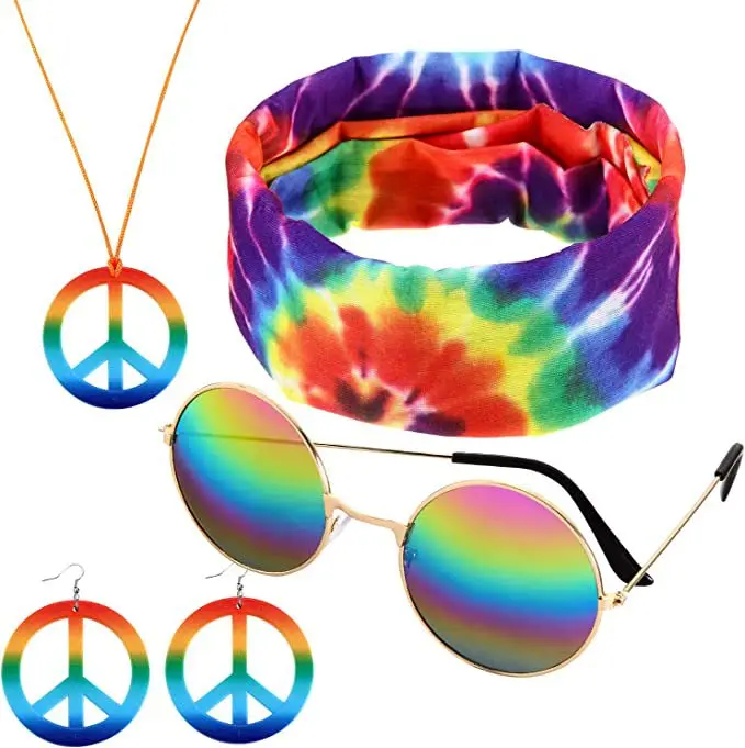 Frauen Hippie Kostüm Set 60er 70er Jahre Stil Retro Vintage Brille Friedens zeichen Halskette Sonnenblume Krone Haarband