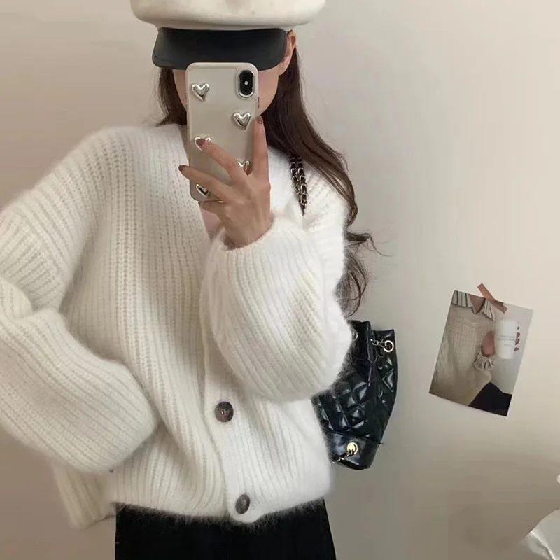 เสื้อสเวตเตอร์ถักแบบหลวมสำหรับผู้หญิง เสื้อคลุมคาร์ดิแกนทรงเข้ารูป เสื้อคลุมสไตล์เกาหลีสำหรับสาวๆ เสื้อสเวตเชิ้ตลำลอง เสื้อคลุมสำหรับฤดูใบไม้ร่วงและฤดูหนาว