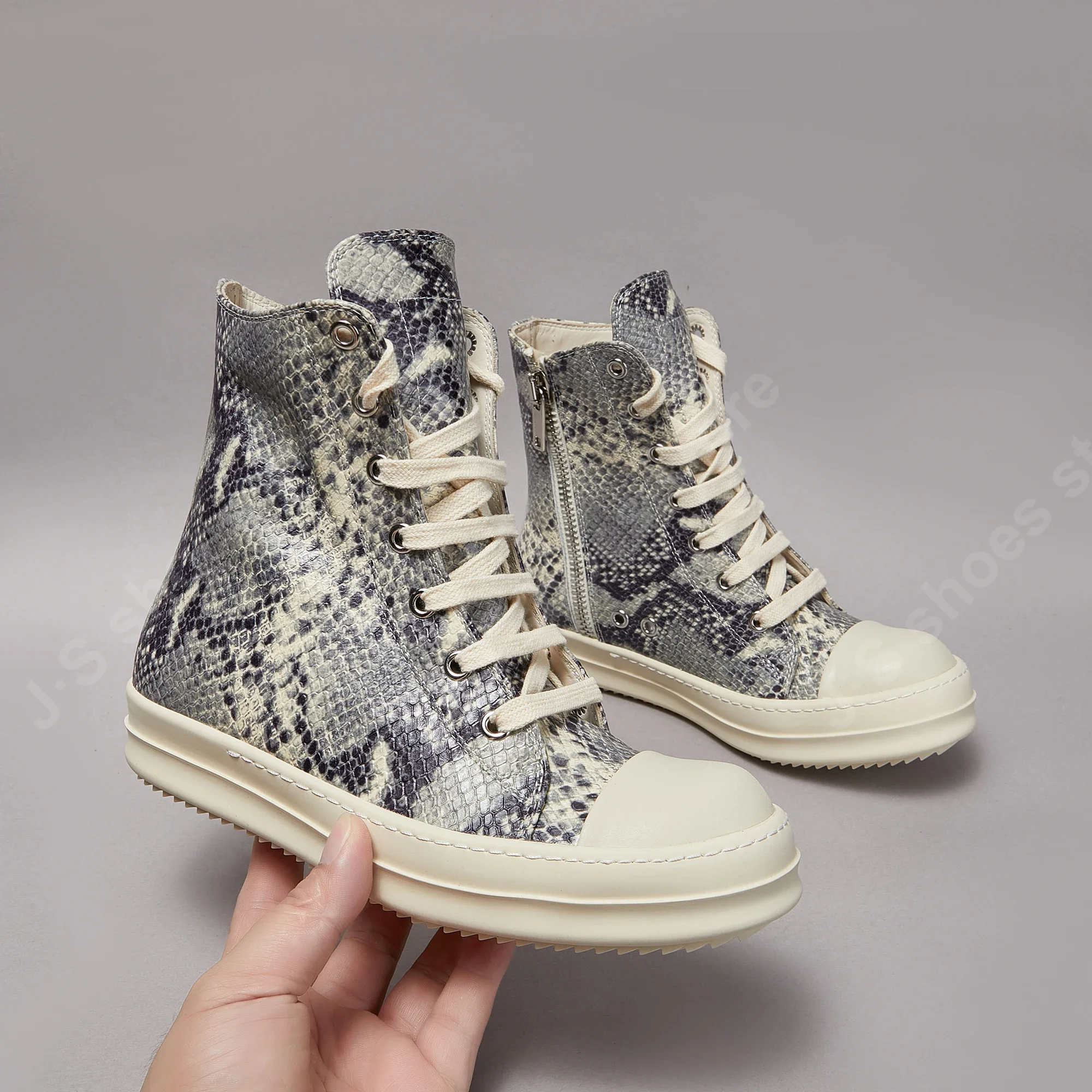 Ricks Shoe Men High Top Shoes Women Sneaker Owens Shoe Leather Shoes Zipper Lace Up Casual Boots Black Python Print Sneakers