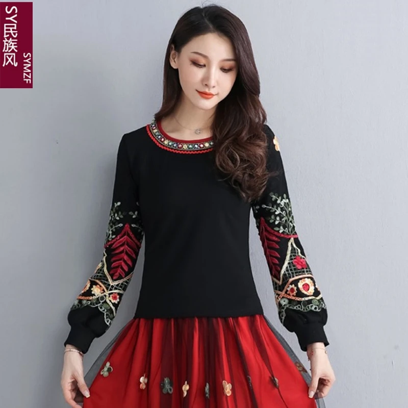 

Long Sleeve T-shirt Women's 2022 Autumn New Vintage Embroidered Balloon Sleeve Crewneck Shirt Slim Slim Cotton Top