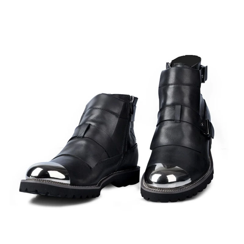 

British Men's Buckle Belt Ankle Boots Cowhide Leather Trend Europe Metal Round Toe Punk Shoes Fashion Man