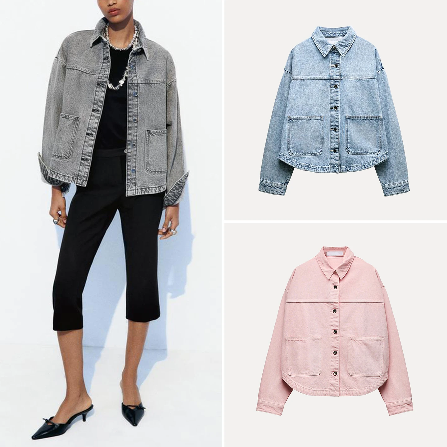 Fall 2025 Women's Denim Jacket with Patch Pocket Decor Standard Fit Long Sleeve Flip Collar Outerwear by ZADATA