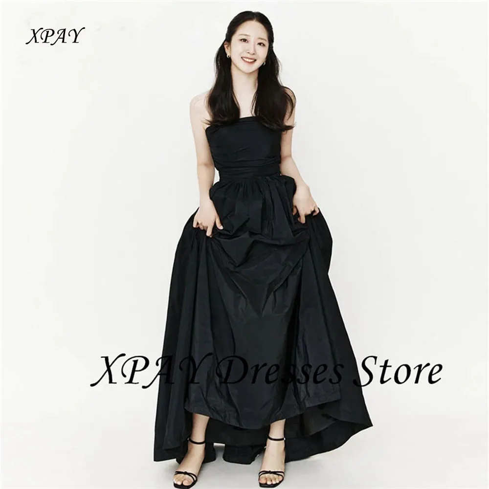 

XPAY Simple Black Korea Evening Dresses Photos Shoot Customized A Line Sweep Train Taffeta Wedding Dress Bridal Gown Plus Size