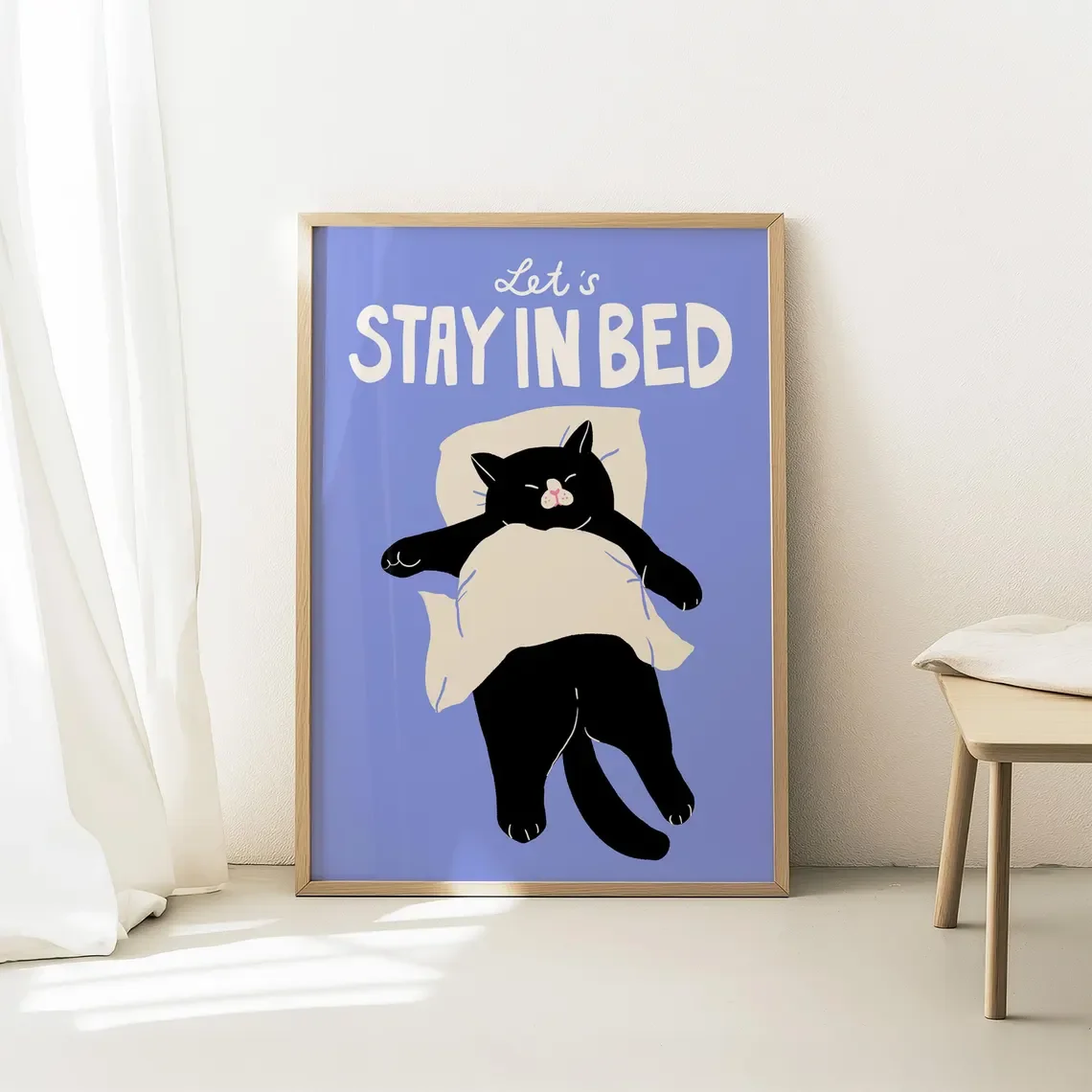 Funny Cat Print, Bedroom Wall Decor, Cozy Home Art, Stay in Bed Quote, Black Cat Art, Lazy Day Print, Cat Lover Gift, Sleep Tigh