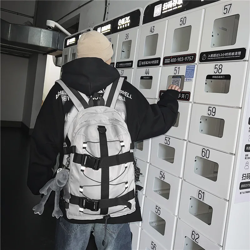 Backpack Skateboard Bag Men Women Trendy Cool Reflective Stripe Backpack Student Schoolbag Personalized Large Capacity Backpack - Image 2