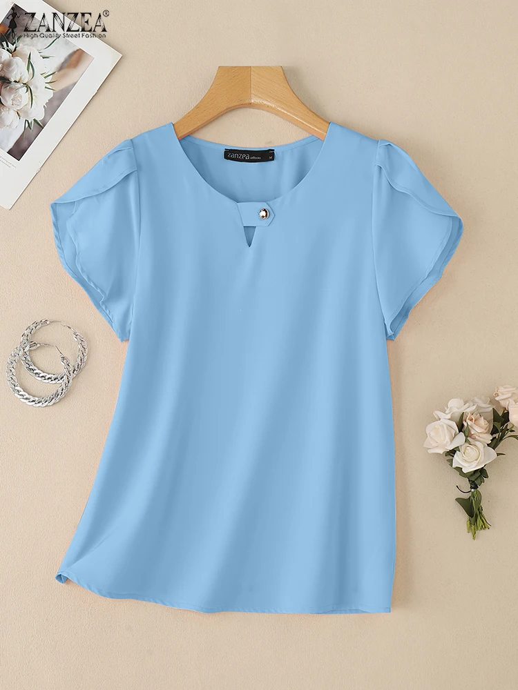 

2025 ZANZEA Elegant Summer Office Work Shirts Women Tunic Blouse Short Petal Sleeve Tops Casual Solid O Neck Blusas Oversize