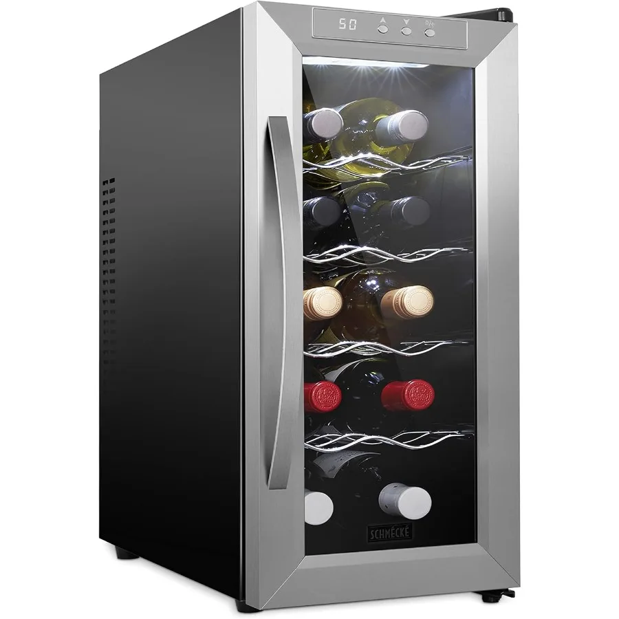 

10-бутылочный термоэлектрический охладитель вина с дизайном из нержавеющей стали и дверцей из дымчатого стекла для использования на столешнице, цифровая температура