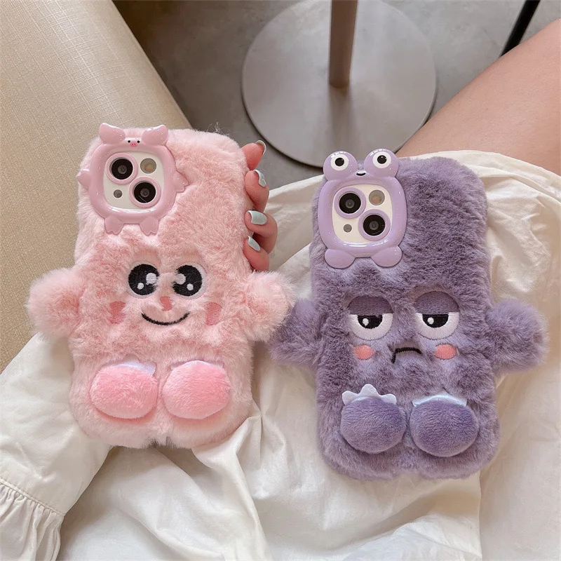 Cartoon plush cute little monster phone case for iPhone 15 14 11 12 13 Pro Max drop protection cover