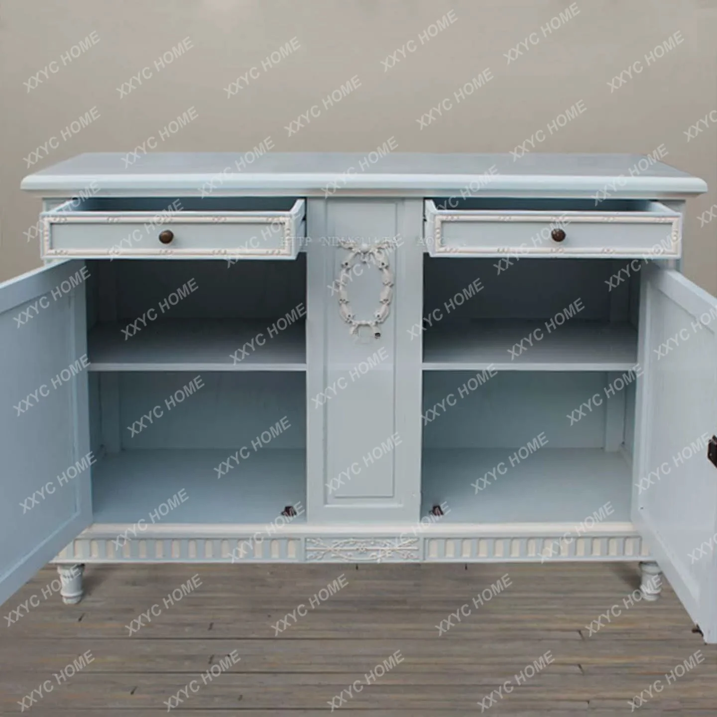 Solid wood carving flower chest cabinet, retro white drawing, porch cabinet, living room TV cabinet, storage, dining side