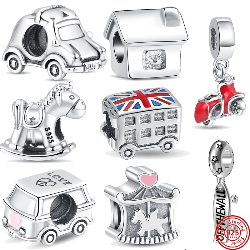 

925 Sterling Silver Mushroom House Bus Motorcycle Car Charm Bead Fit Original Pandora Bracelet Women Jewelry Gift DIY Making