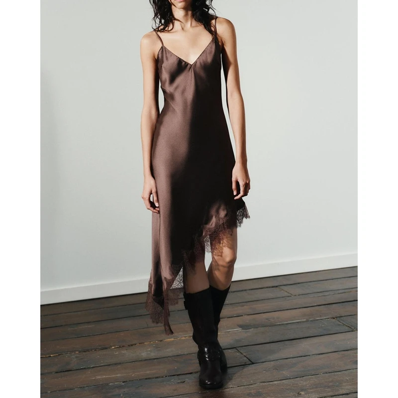 Combhasaki Abito da donna sexy in pizzo floreale con orlo asimmetrico in raso di seta Elegante estate Y2k Beach Cami Mezze sottoveste Abiti midi