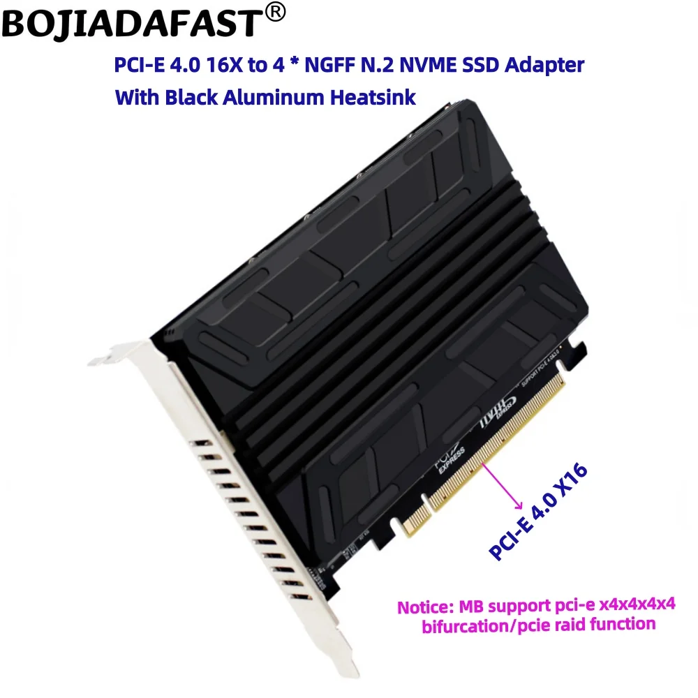 

PCI-E 4.0 16X PCIe 3.0 X16 To 4 * NGFF M.2 2230 2242 2260 2280 M2 NVME SSD-адаптер с черным алюминиевым радиатором