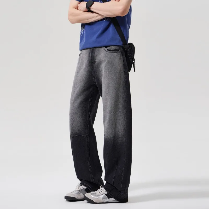 2026 Men American Vintage Washed Jeans Stylish Wrinkle High Street Wide Curved Baggy Denim Pants