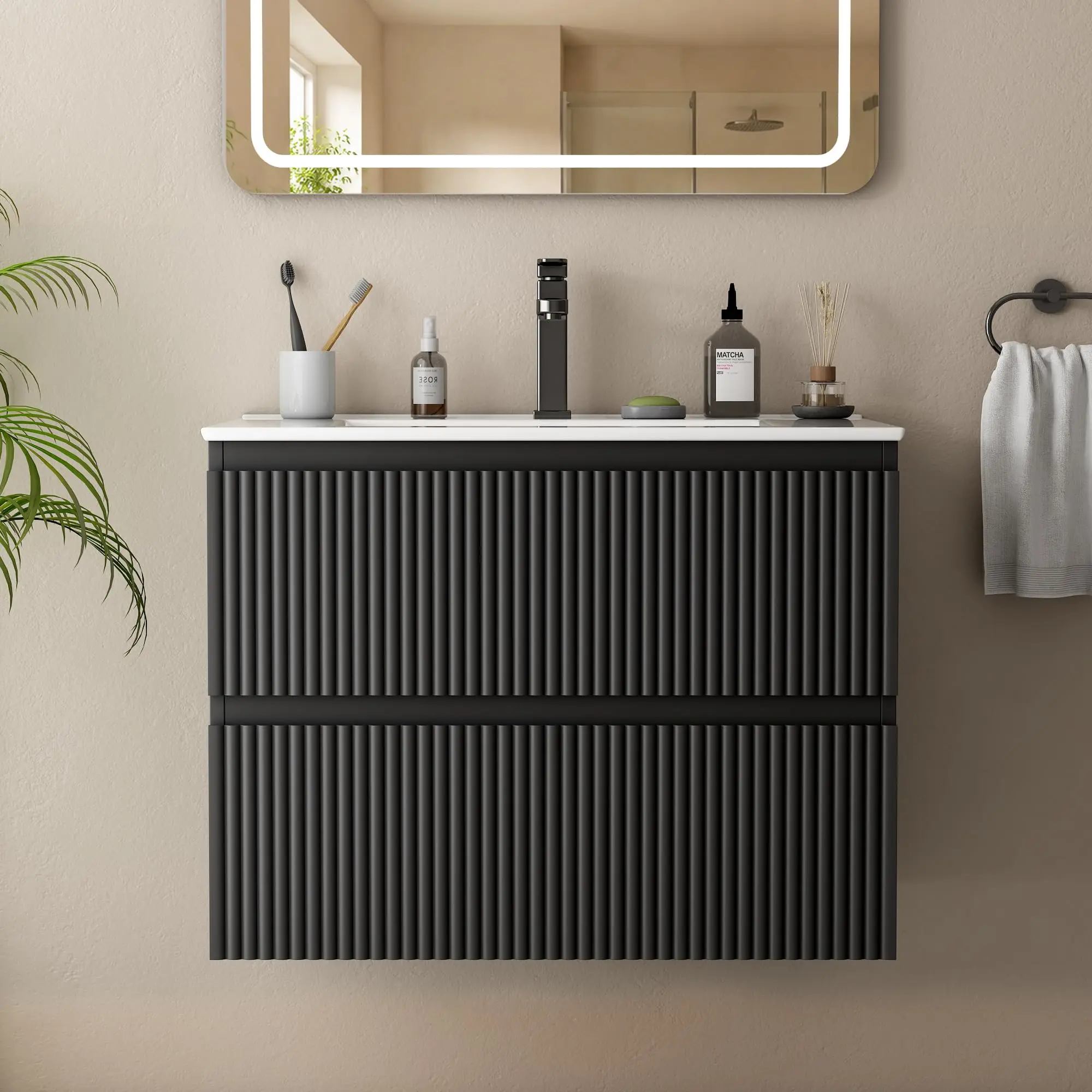 24 Inch Black Bathroom Vanity with Sink, Floating Black Vanity with Ceramic Sink, Wall Mounted Modern Fluted Bathroom
