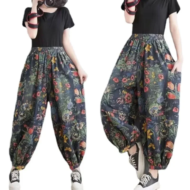 New Fashion Ladies Printed Floral Jeans Women Vintage Blue Denim Pants Female Street Style Oversized Bloomers Pantalons 2024