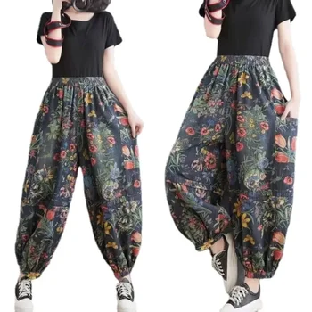 Nowa moda damska Drukowane kwiatowe dżinsy Kobiety Vintage Niebieskie spodnie jeansowe Kobiety Styl uliczny Ponadgabarytowe Bloomers Pantalons 2024
