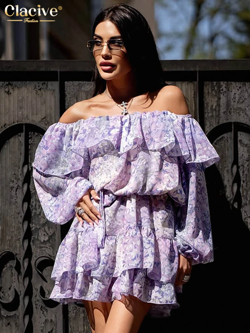 

Clacive Fashion Loose Print Women's Dress 2025 Sexy Slash Neck Long Sleeve Mini Dresses Elegant Classic Pleated Female Dress