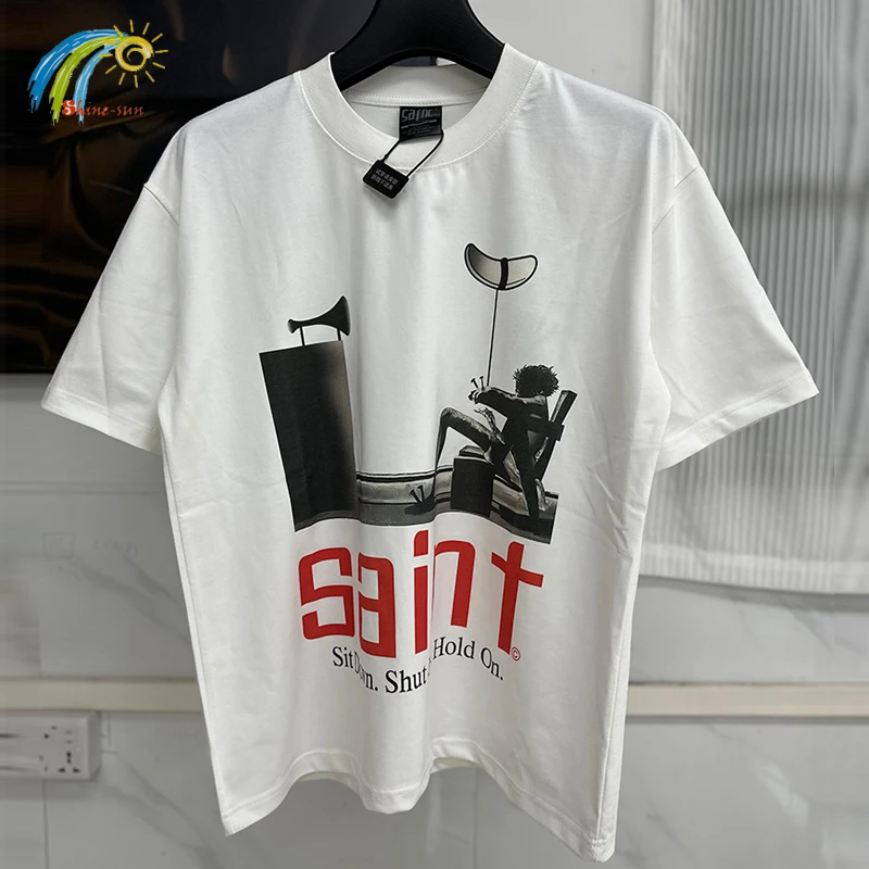 Camiseta de verano de alta calidad 260GSM con estampado de gráficos de gran tamaño Saint para hombres y mujeres, camiseta blanca Vintage de manga corta, camiseta informal de moda