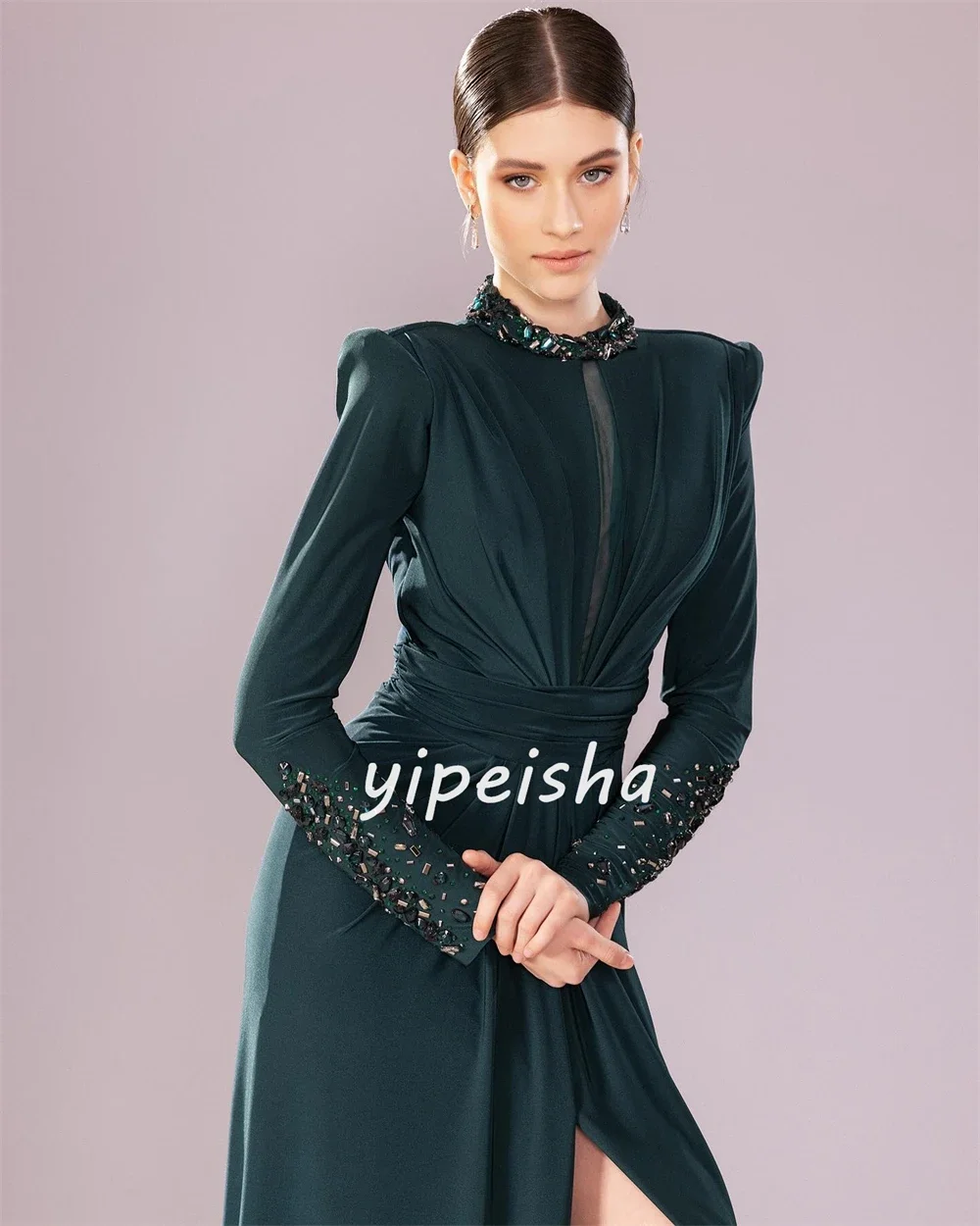 Customized Fashion Formal Chiffon Beading Sequined Pleat Draped A-line High Neck Long Dresses Evening Dresses Modern Style