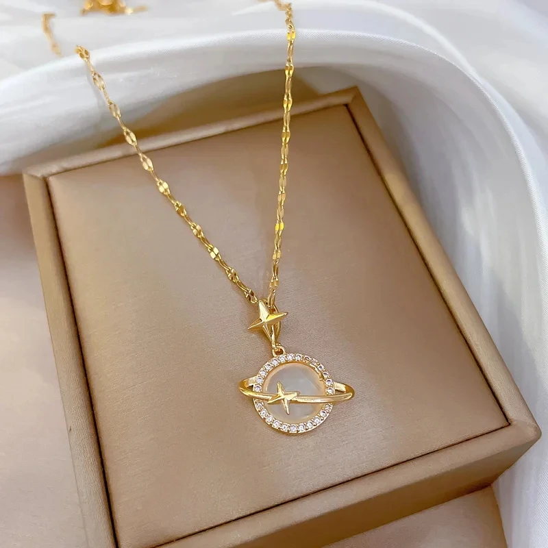Fashionable High-End Cat's Eye Stone Necklace for Women Moon Projection Versatile Stainless Steel Clavicle Chain Luxury Jewelry