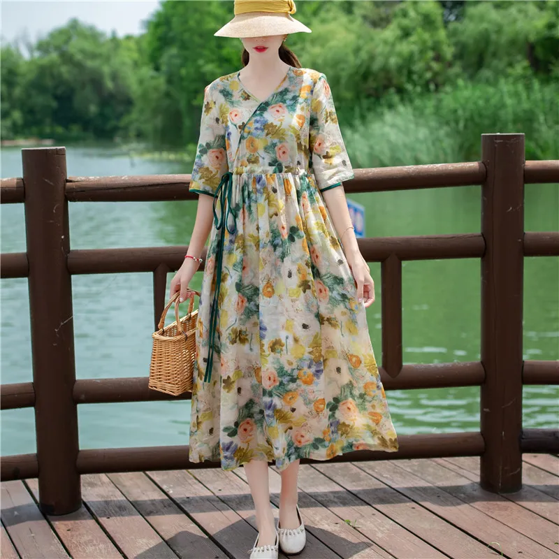 2023 Summer New Women's Literary Loose Dress Is Fashionable and Elegant Ramie Printed Drawstring Waist and Knee Swing Dress