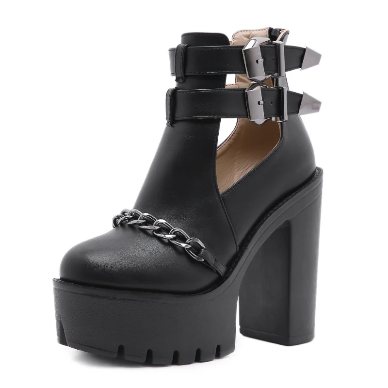 New Fashion Platform Ankle Boots High Heels Womens Chunky Heels Boots Punk Gothic Sexy Model Shoes Belt Buckle Women Shoes