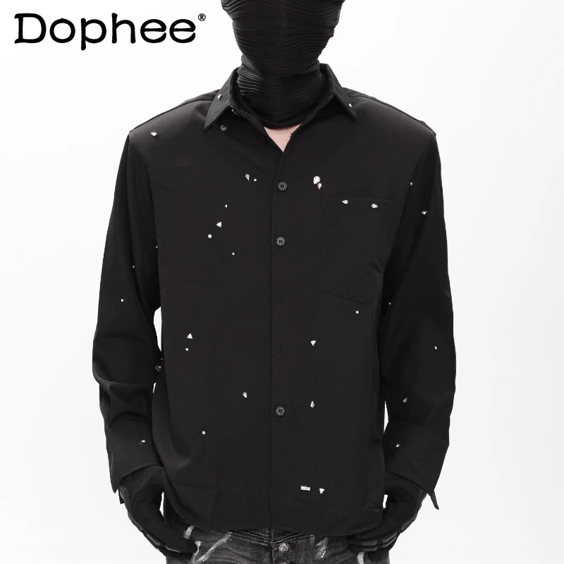

Men Women 2025 Autumn New High-End Long-Sleeve Shirts Full Rhinestone Padded Shoulder Tops Trendy Handsome Solid Color Shirts