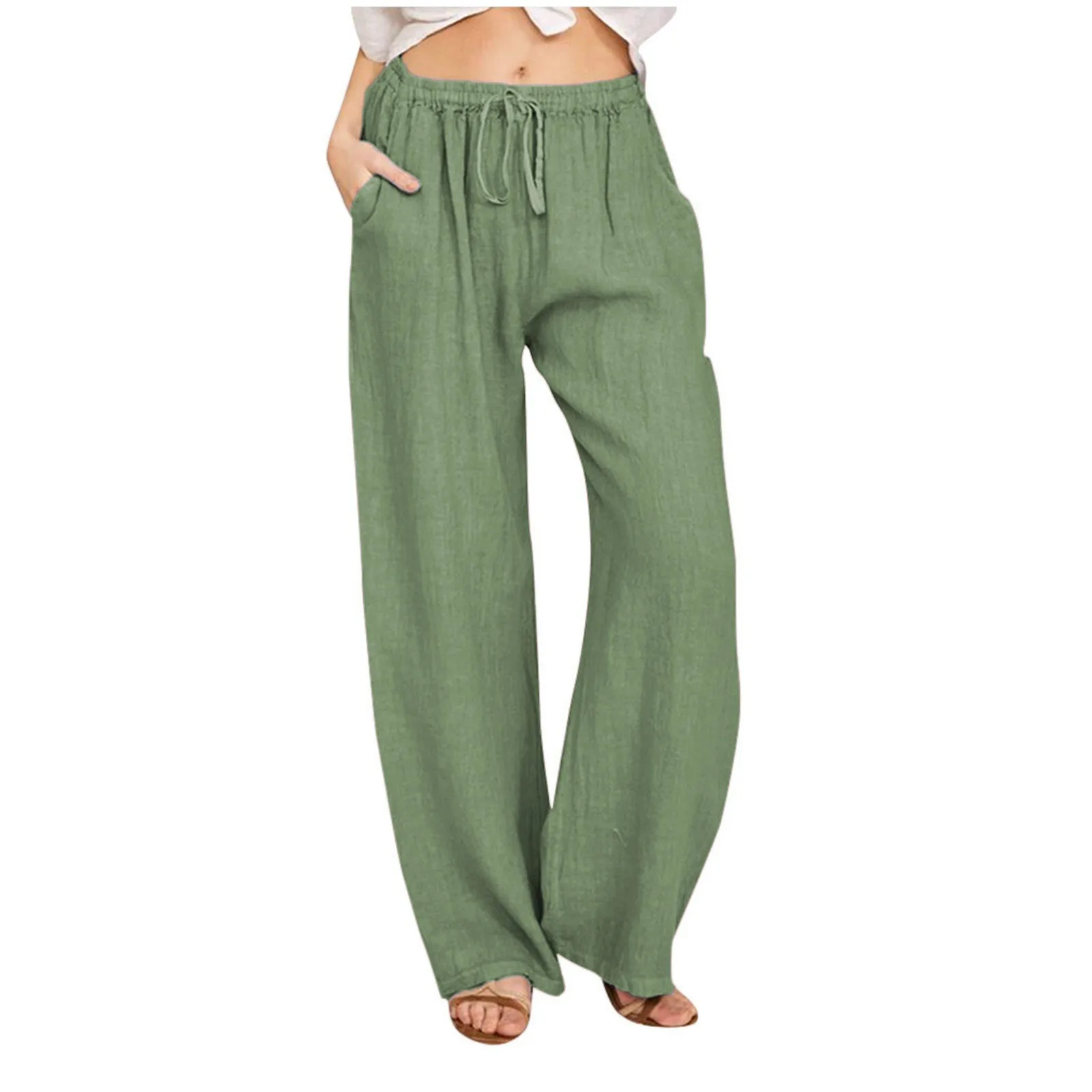 Women Loose Pants 2024 Spring Summer Drawstring Straight Trousers With Pockets Casual Wide Leg Pants For Women Solid Color