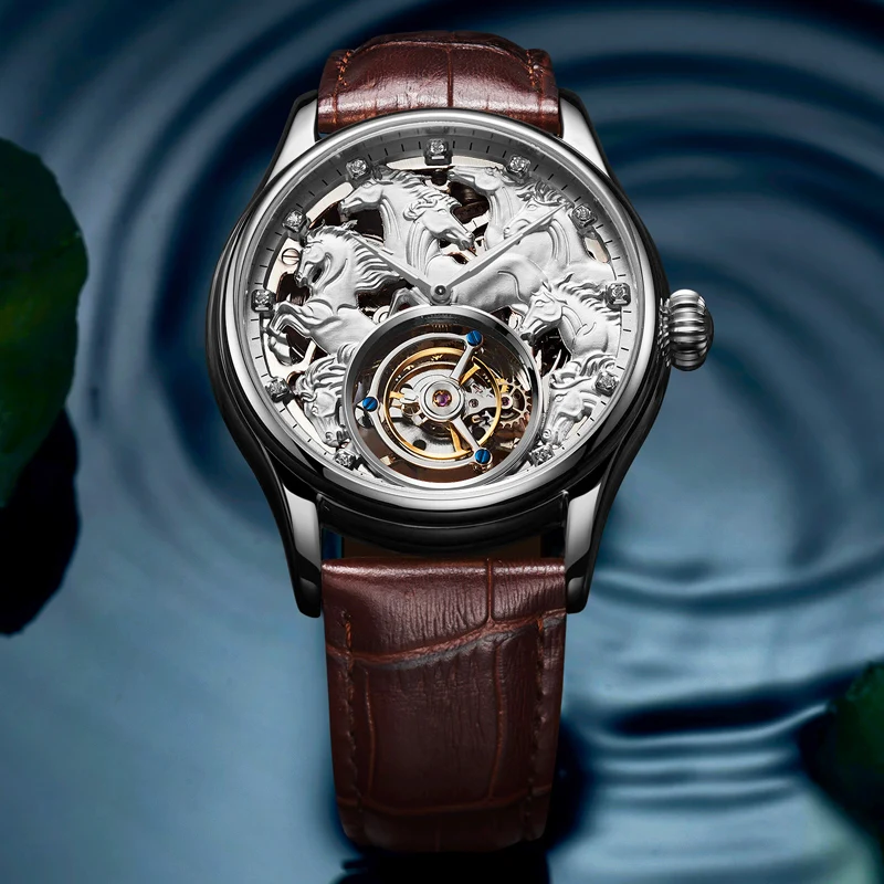 Aesop arloji mekanis pria, jam tangan Tourbillon Manual gerakan berongga 3D, baja tahan karat kulit safir sintetis tahan air 7007