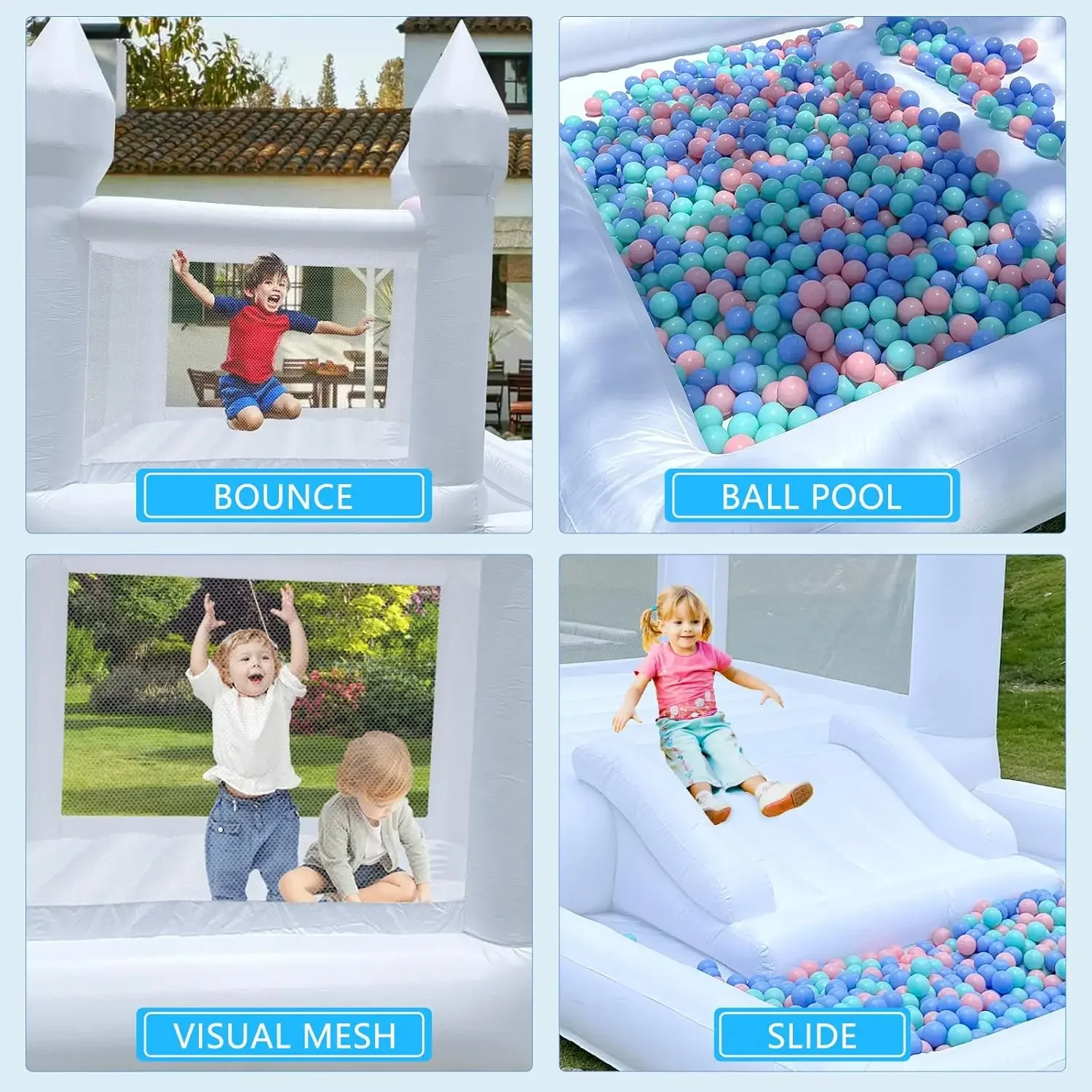 Casa de rebote blanca inflable, castillo inflable Oxford para saltar, bouncer para fiesta de boda con bolsa de transporte, kit de reparación para juguetes para niños