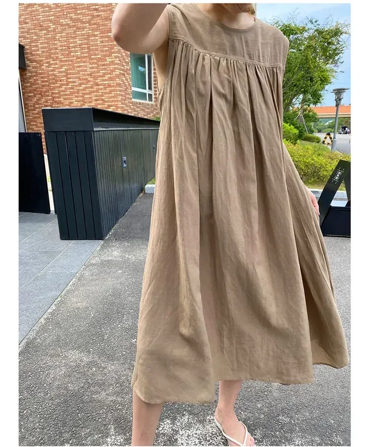 REALEFT Cotton and Linen Sleeveless Dress for Women Summer Mid Length Casual Loose Solid Round Neck Women Dresses Summer