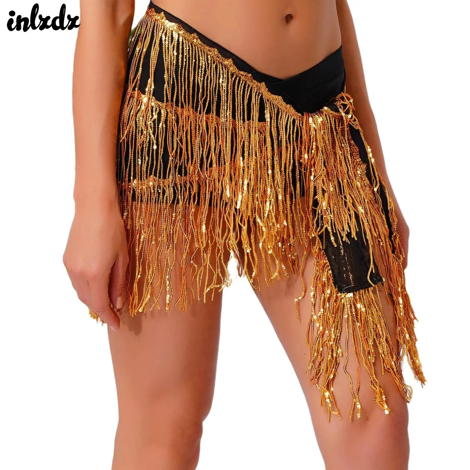 

Womens Belly Dance Hip Scarf Glittery Sequin Shiny Tassel Fringe Lace-up Waist Chain Skirt Folk Latin Belly Dance Costumes