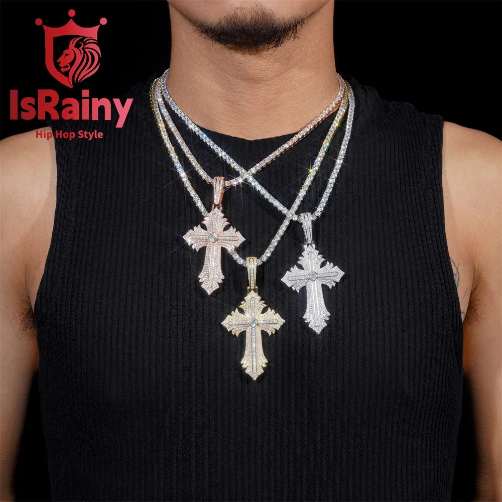 IsRainy Hip Hop Rock 925 Sterling Silver D Color Moissanite Diamond Cross Pendant For Women Men Anniversary Fine Jewelry Gift