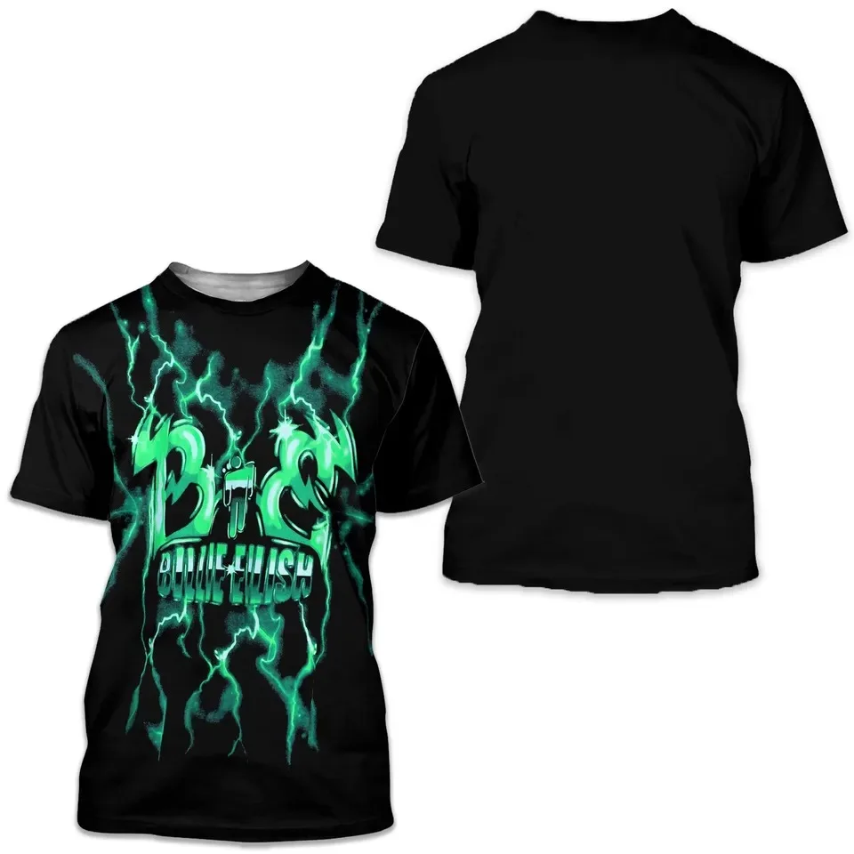 

Billie Eilish Green Lightning Pattern T-shirt, Gothic BB Logo Printed Black Short Sleeved Top Y2K Punk Hip-hop Street Casual Top