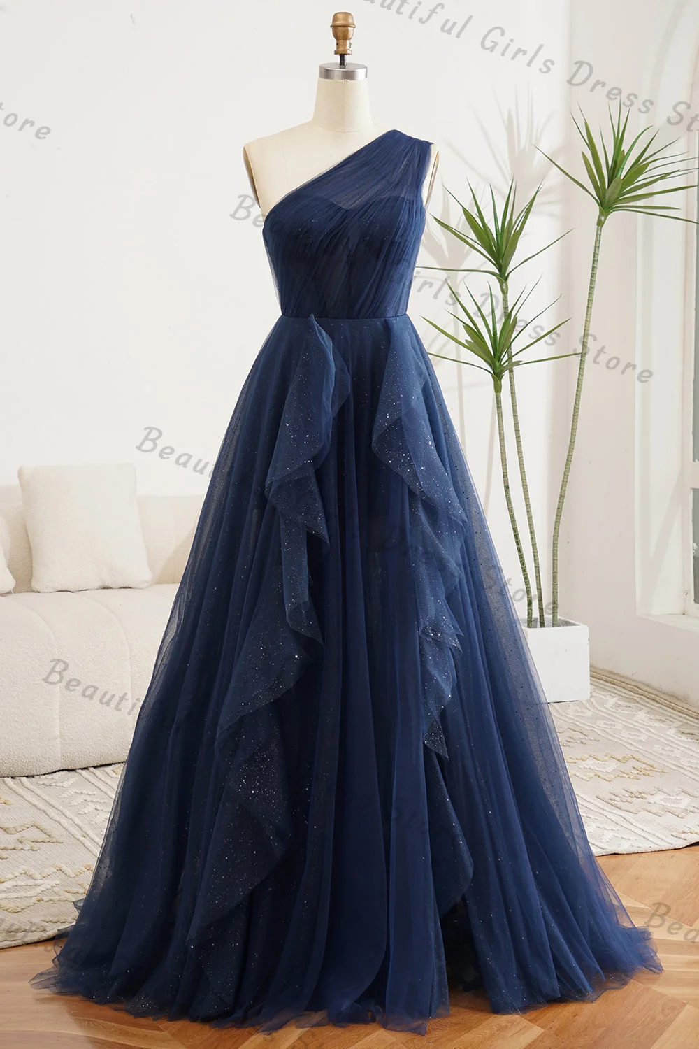 

Tulle One-shoulder Tiered Ruffles Prom Dresses Pleated Corset Sleeveless Evening Gowns Sparkly A-line Long Formal Ball Gowns