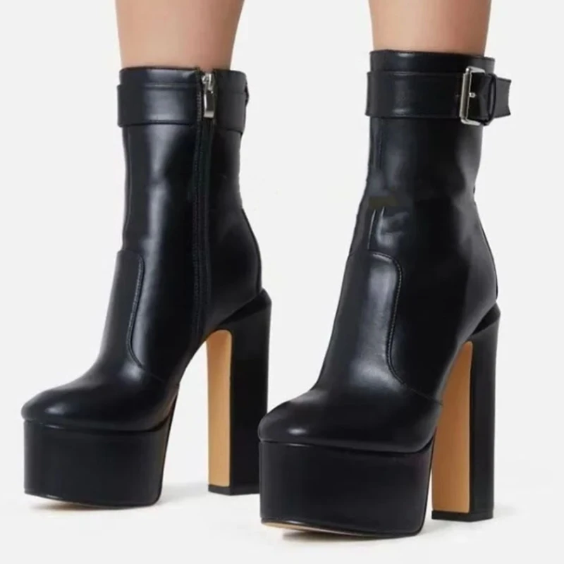 

Big Belt Buckle Strap Block Heels Ankle Boots Black White Leather Round Toe Zipper Sky High Platform Chunky Heels Bootie