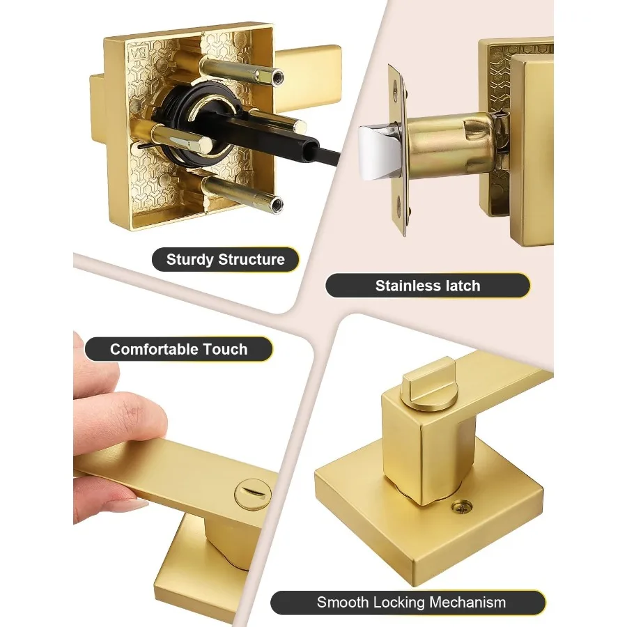 10 عبوات من مقابض عتلات مربعة بدون مفتاح ذهبية مع لمسة نهائية من النحاس الساتان لمجموعات أقفال أبواب الممر الداخلي بتصميم عكسي مناسب