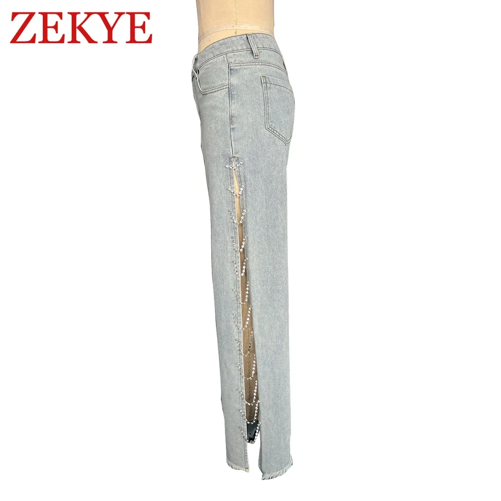 Zekye High-Waisted Wide-Leg Jeans Women's Streetwear Ripped Distressed Hip Hop Punk Baggy Cargo Pants Hollow out Chain 2024