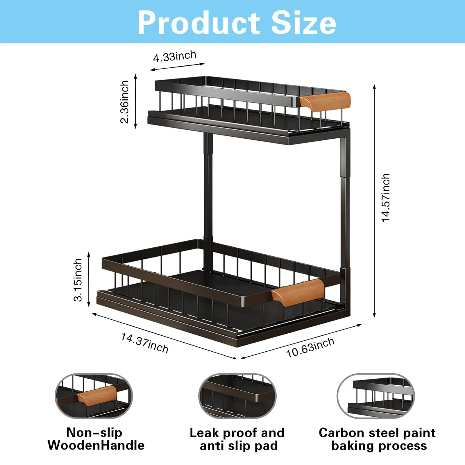 2 Tier Under Sink Organizer and Storage,Pull out Cabinet Organizer Shelf,Metal Sliding Drawer Multi-Use Kitchen Bathroom Cabinet