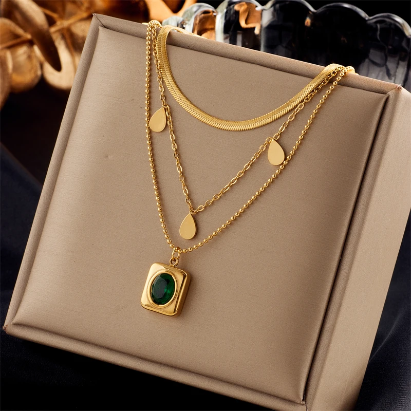 DIEYURO 316L Stainless Steel Oval Green Crystal Charm Necklace Earrings For Women Girl New Trend Non-fading Jewelry Set Gift