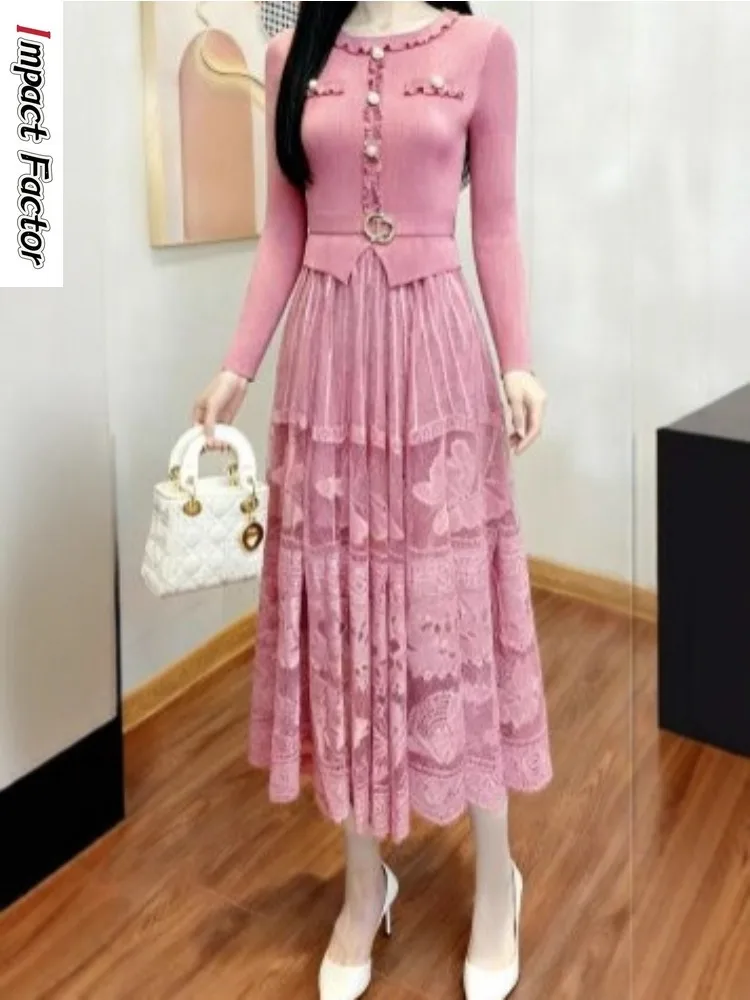 

Плиссированное платье Miyake, новинка весны 2023, высококачественная модная плиссированная юбка для похудения знаменитостей с кружевными краями, женская одежда