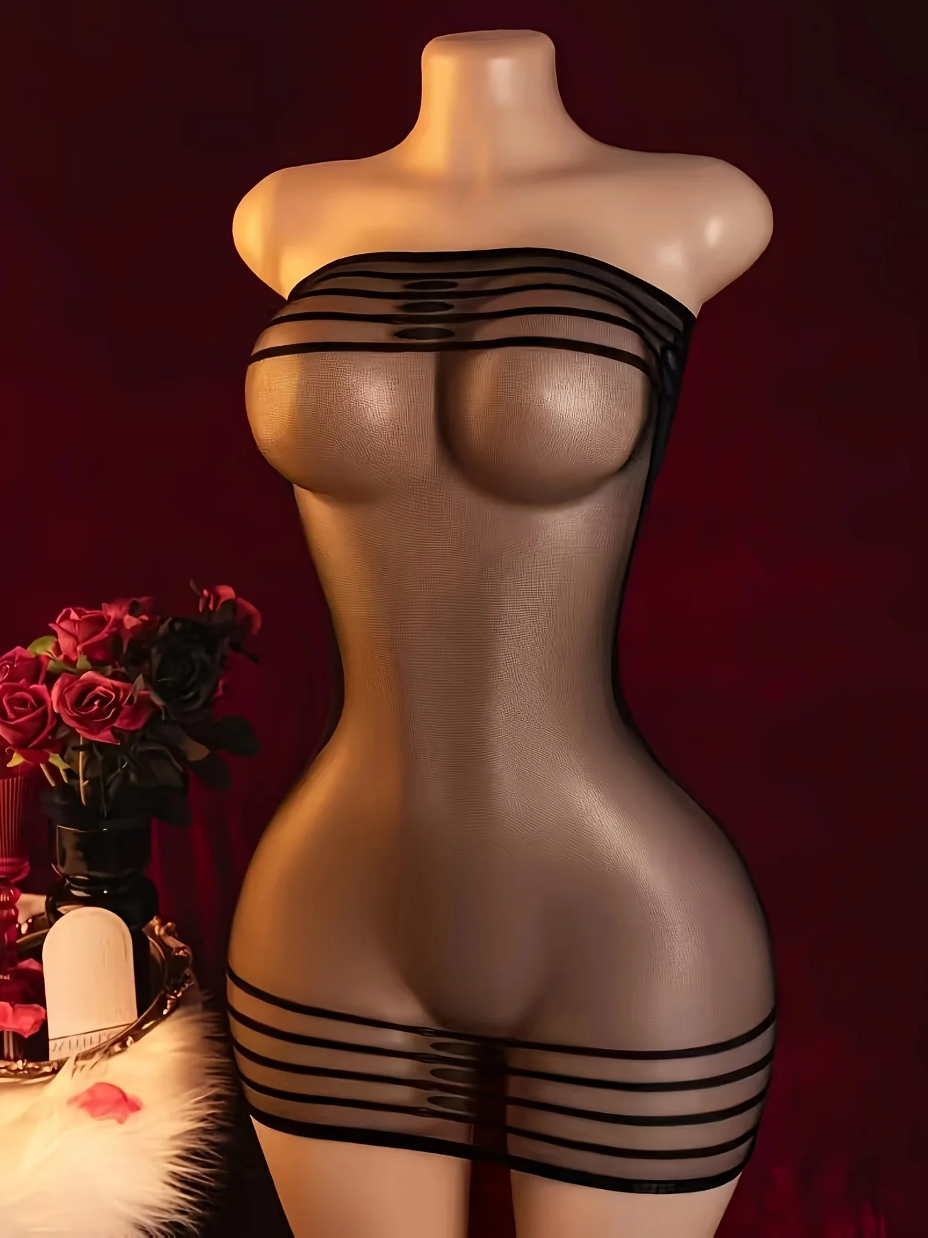 2-Piece Sexy Lingerie Bodysuit Set: Cut-out Lace-up Off-Shoulder Bodysuit and Seductive Mesh Lingerie