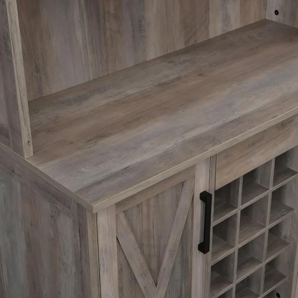 Bar Cabinet With Wine Rack And Glass Doors (Grey Wash- Solid)|