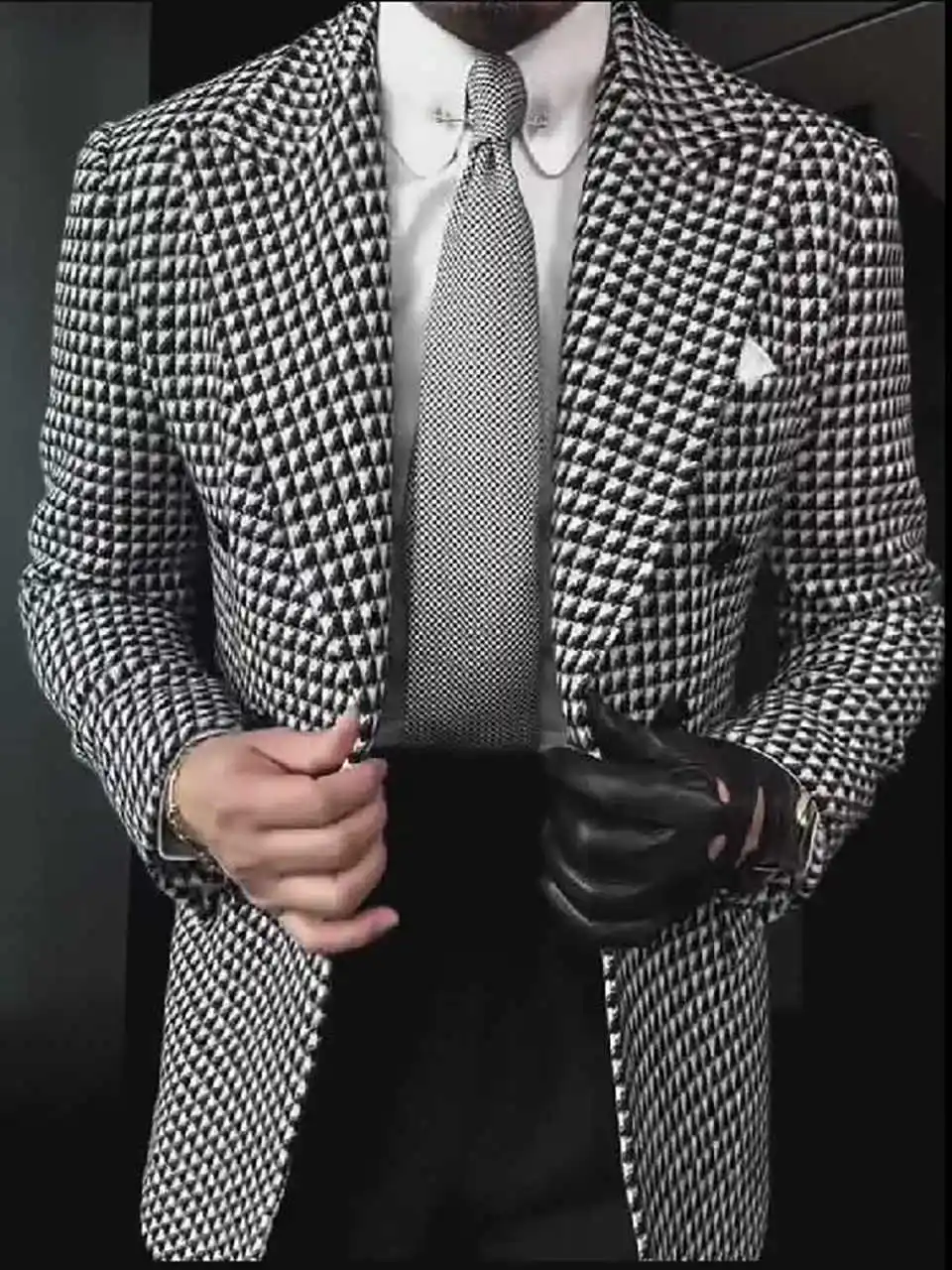 คลาสสิก Houndstooth Double Breasted Overcoat Casual เสื้อขนสัตว์แฟชั่นเสื้อแจ็คเก็ตผู้ชายธุรกิจ Lapel Blazer ที่กําหนดเอง